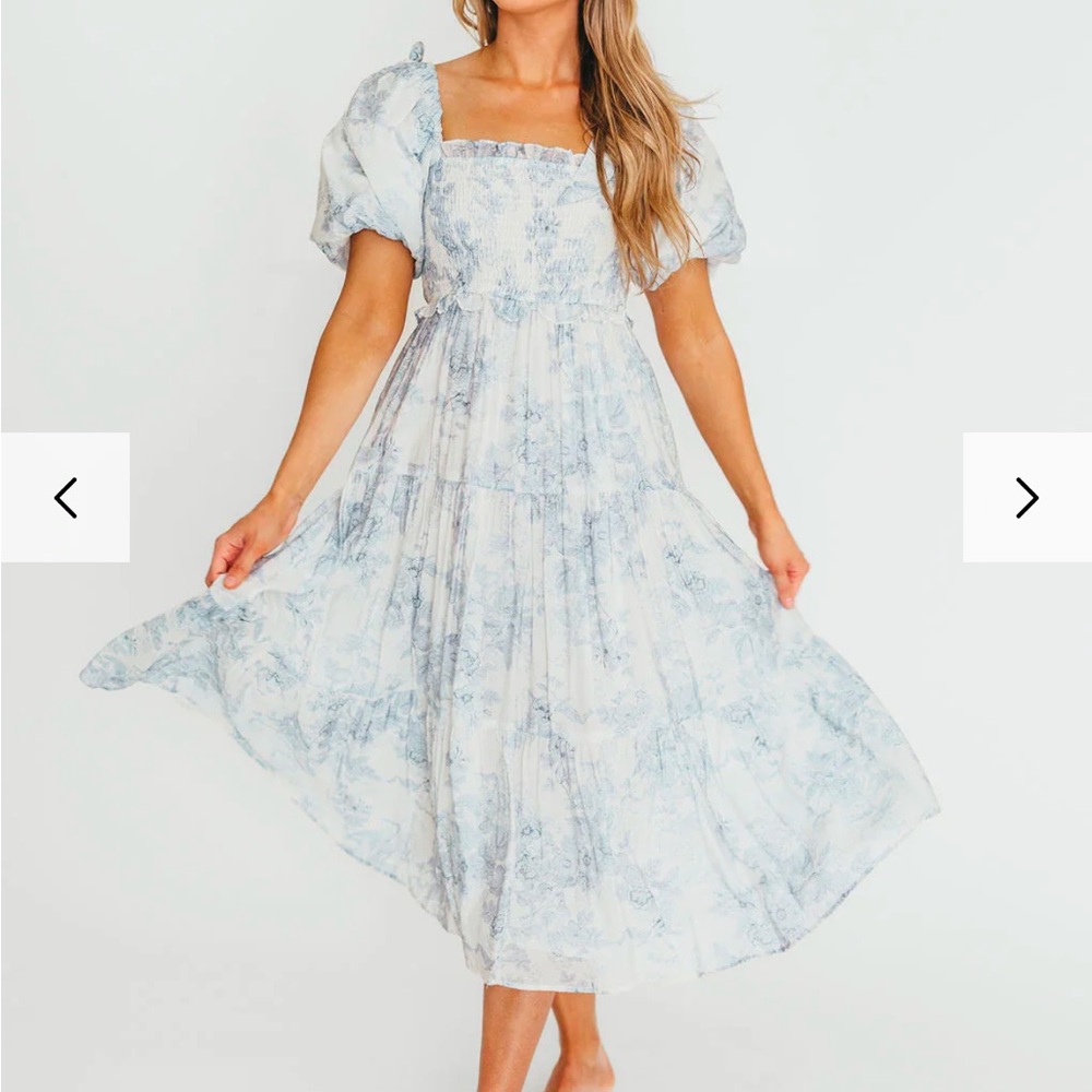 Smocked Puff Sleeve Midi Dress in Light Blue Floral